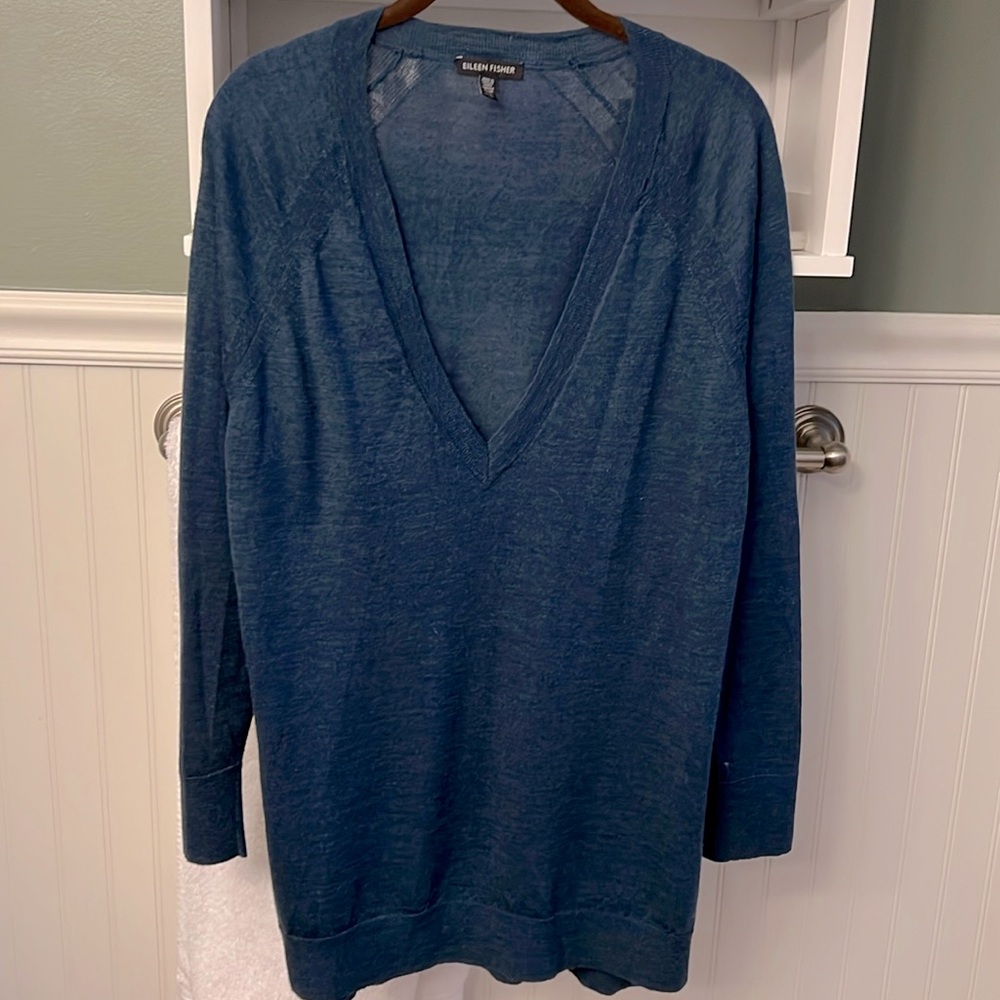 Eileen Fisher Teal Blue Deep V Wool Sweater Sz M EUC